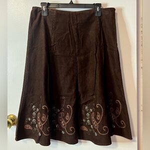 Jones New York Embroidered Brown Corduroy Midi Skirt